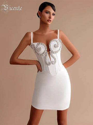 VC Luxurious White Strappy Sleeveless Dress with Crystal Details for Galas Evening Wedding Gown