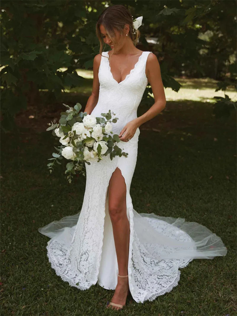 Deep V-Neck Sleeveless Lace Mermaid Wedding Dress Open Back High Side Slit Floor Length Bridal Gown Custom Made