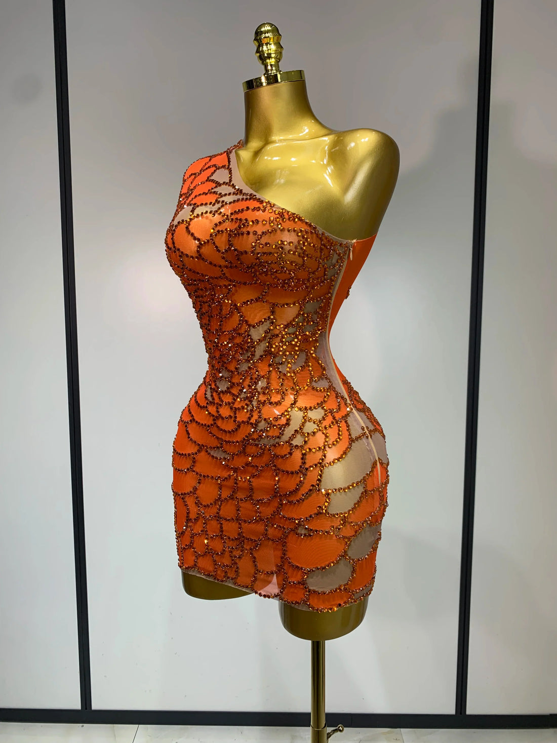 Women Sexy Mesh See Through One Shoulder Rhinestones Stage Costume Singer Nightclub Evening Party Luxury Birthday Mini Dresses