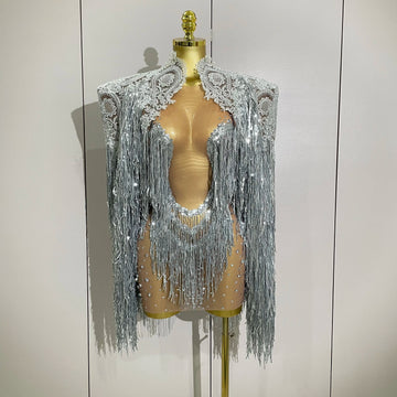 Luxury Sparkly Rhinestone Sequin Tassel Coat Skirt 2Pcs Women Birthday Party Nightclub Stage Performance Costume