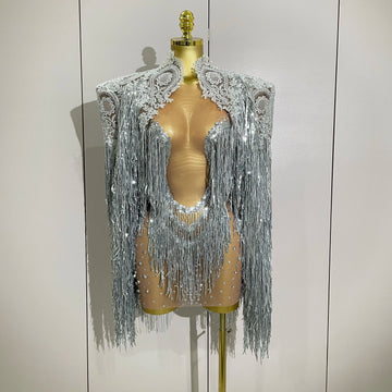 2025Luxury Sparkly Rhinestone Sequin Tassel Coat Skirt 2Pcs Women Birthday Party Nightclub Stage Performance Costume