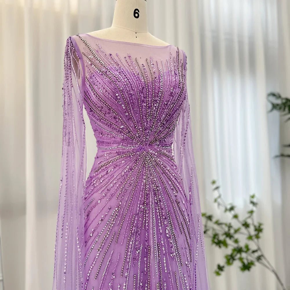 Luxury Dubai Lilac Feathers Evening Dresses with Cape Sleeves Arabic Long Women Wedding Party Prom Dress