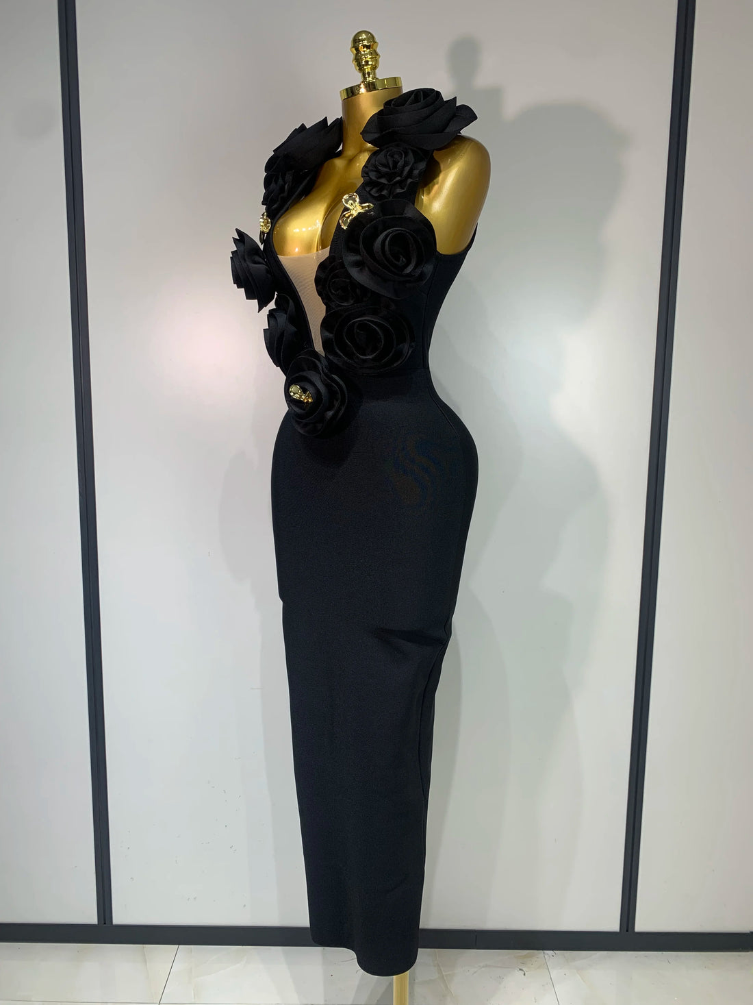 Fashion Black 3D Flower Bodycon Long Bandage Dress Celebrity Elegant Party Birthday Dress Women's Sleeveless Sexy Vestidos