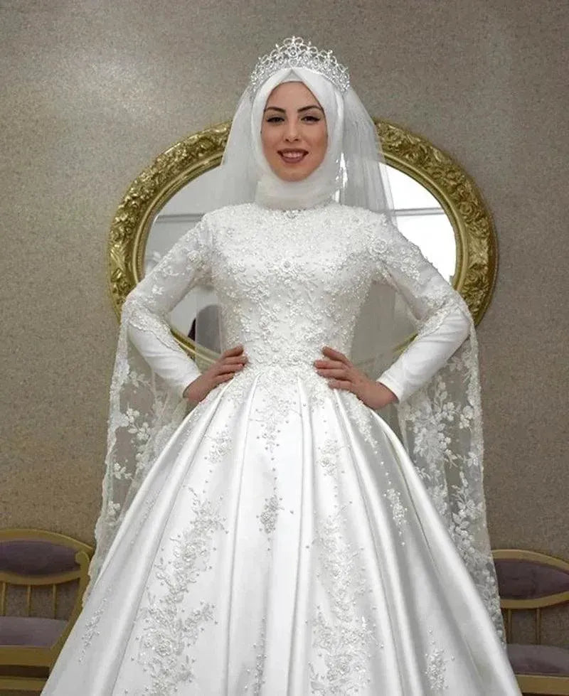 Modest Muslim Wedding Dresses For Women A Line High Neck Long Sleeves Arabic Islamic Bridal Gowns Lace Applique Vestido De Noiva Ivory