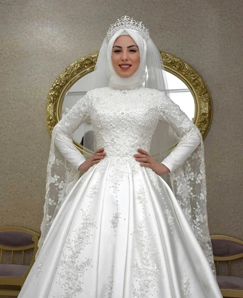 Modest Muslim Wedding Dresses For Women A Line High Neck Long Sleeves Arabic Islamic Bridal Gowns Lace Applique Vestido De Noiva