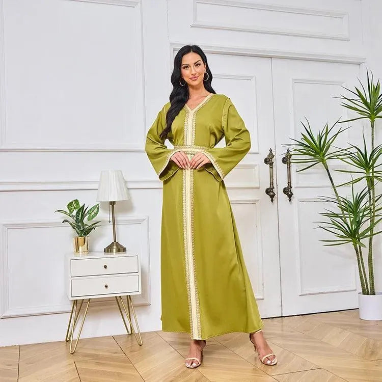 Muslin Kaftan Caftan Dresses for Prom V-neck Dubai Women Robe Embroiled Gold Beaded Lace Dress Abaya with Belt Elegant Fashion