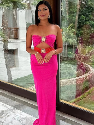 VC Black & Pink Sexy Strapless Hollow Out Diamond High Slit Shinning Rhinestones Bandage Long Dress Bodycon Celebrity Dress
