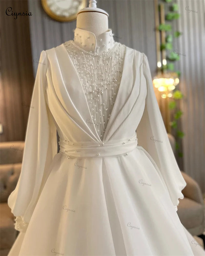 Vestidos de boda musulmanes de cuello alto, vestidos de novia árabes de Dubái para novia, perlas islámicas con cuentas Gelinlik