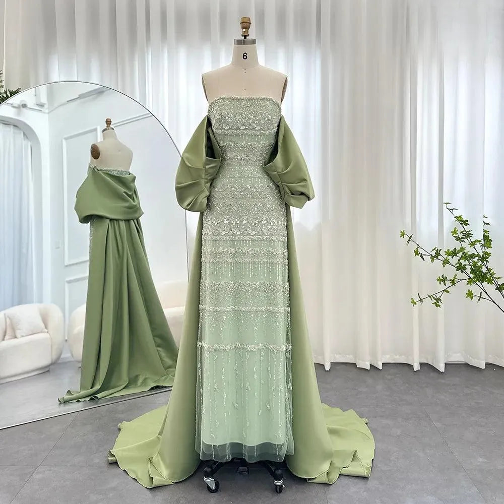 Luxury Dubai Sage Green Evening Dresses with Cape Arabic Blue Sky Lilac Elegant Women Wedding Party Gowns Sage Green Evening Dress