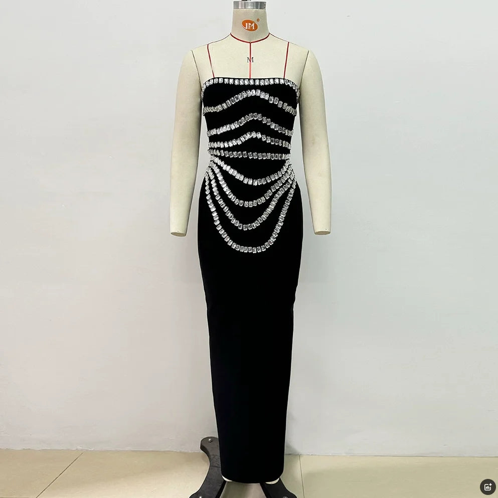 2025 New Spring Women Sexy Strapless Big Crystal Bodycon Long Bandage Dress Celebrate Evening Party Fashion Cocktail Dress