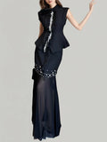 Solid Two Piece Sets for Women Round Neck Sleeveless Patchwork Sequin Vest High Waist Sheer Skirt Set Female New BLACK