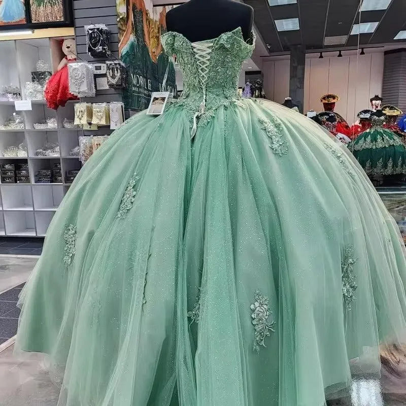 Quince Dress | Glittering Sage Green Quinceanera Dress Off-Shoulder Beading Lace Appliques Vestidos De 15 Anos Princess Party Prom sage green