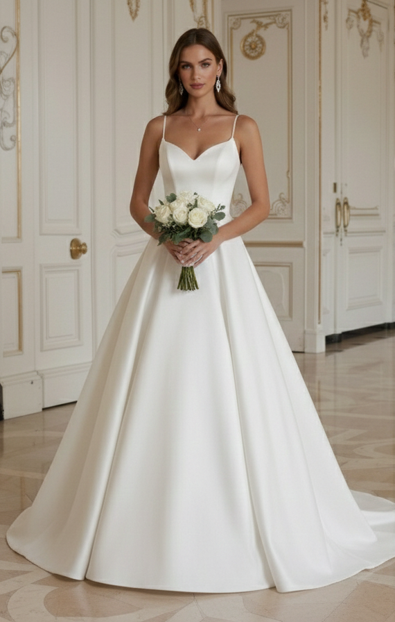 Satin Princess Wedding Dress Sweetheart Neck Classic Bridal