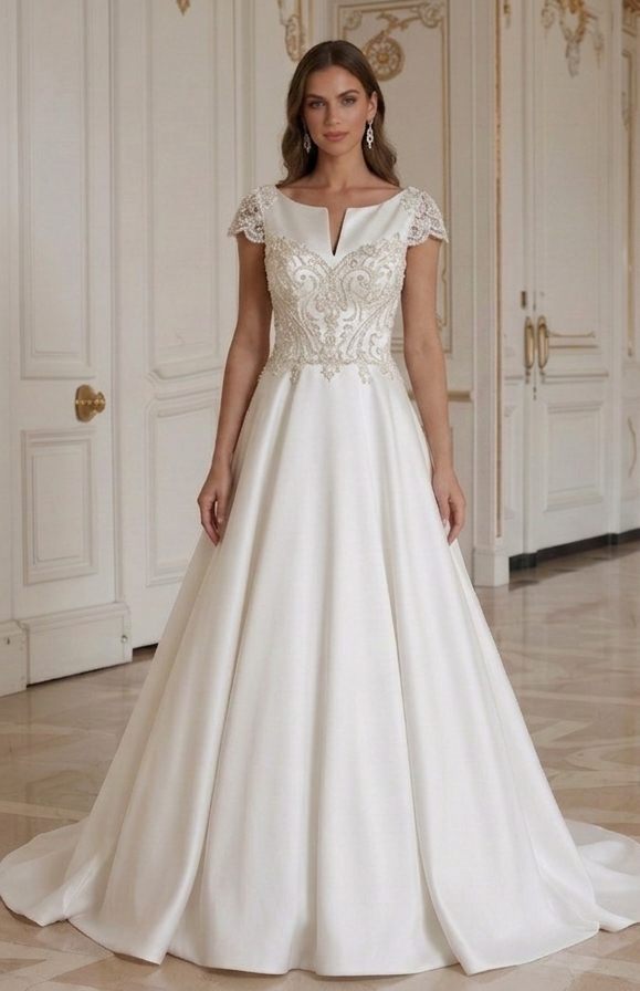Satin Wedding Dress With Cap Sleeves Bridal