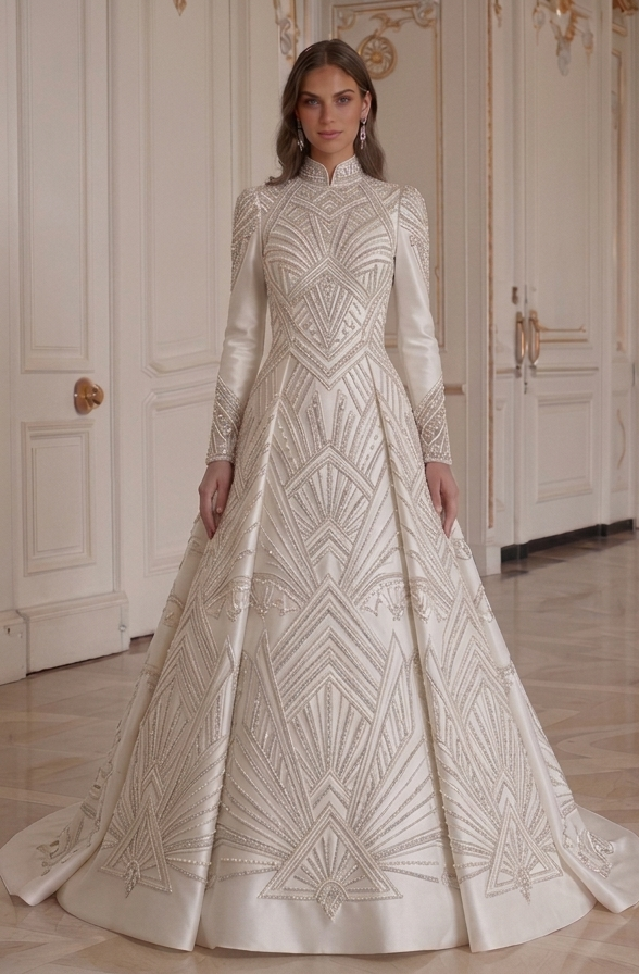 Satin Wedding Dress With High Neck Modest Style