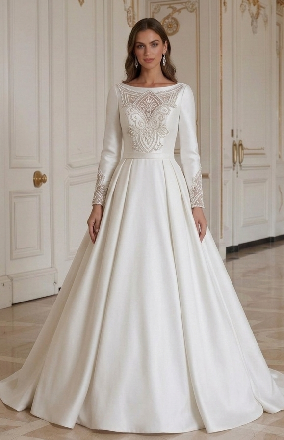 Satin Wedding Dress With Long Sleeves Satin Bridal