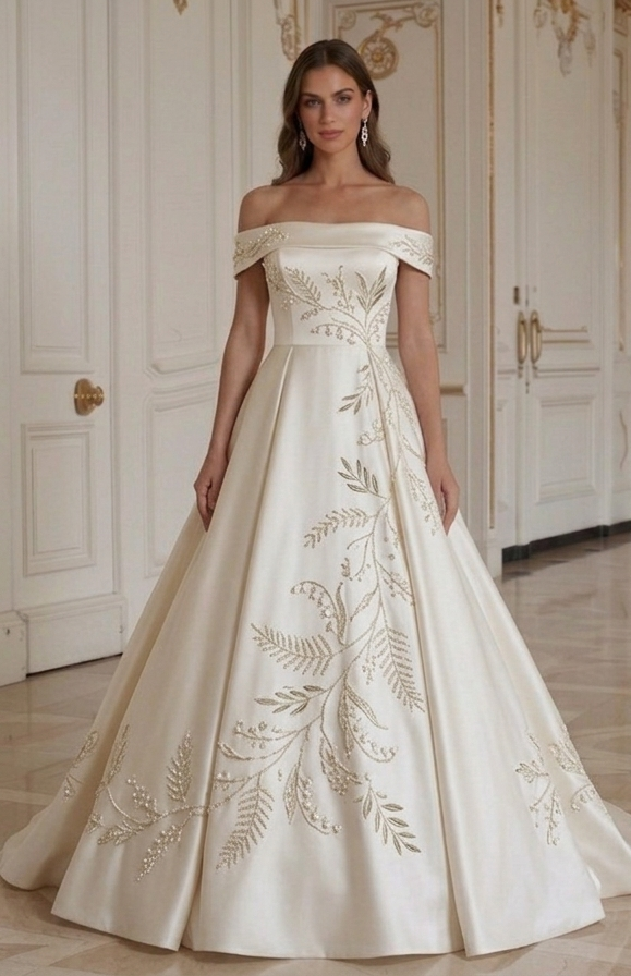 Satin Wedding Dress With Off Shoulder Bridal