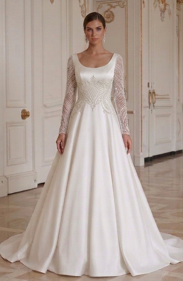 Satin Wedding Dress With Scoop Neck Bridal