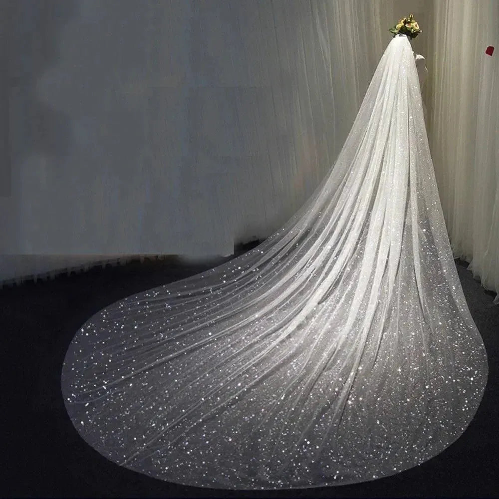 Bling Bling Bridal Veils Sparkly White Champagne Long Cathedral Gliters Wedding Veil With Comb 1 Tier velo de novia 350cm 350cm