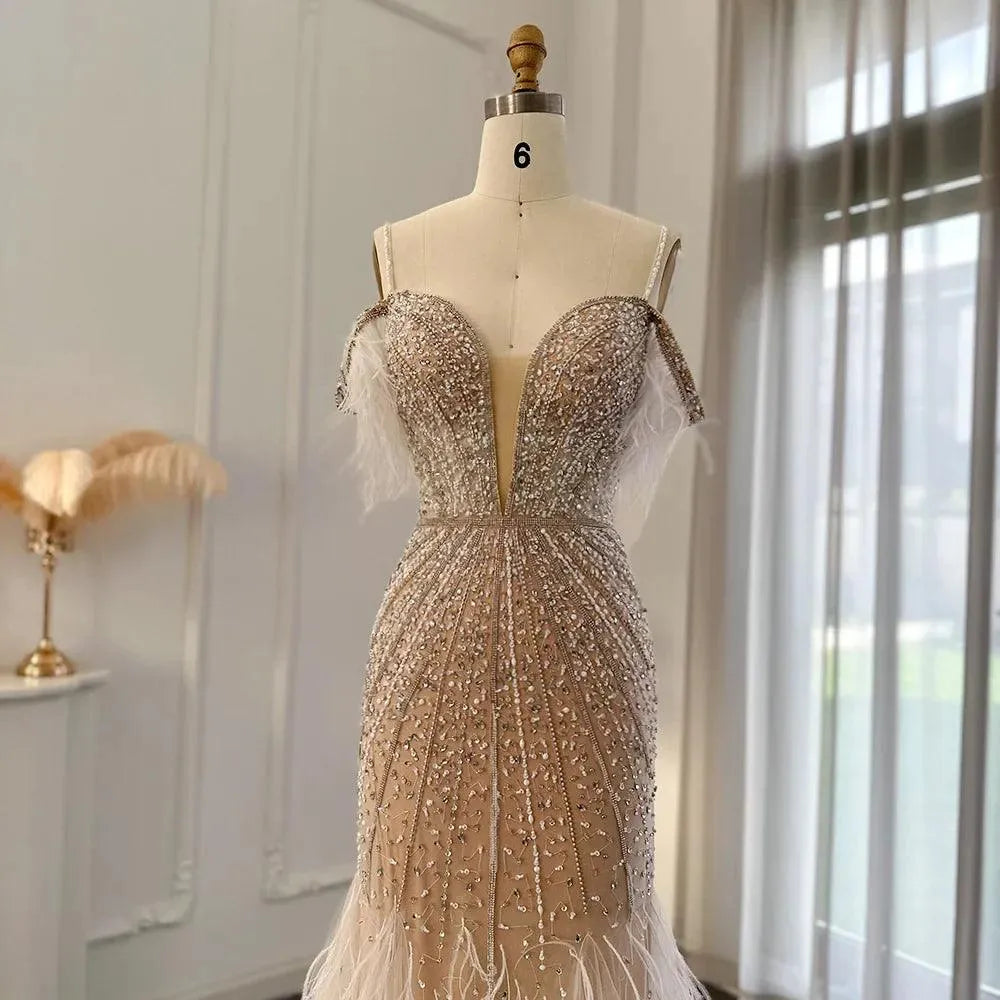 Luxury Feathers White Nude Prom Evening Dresses Elegant Burgundy Long Navy Blue Wedding Formal Party Gown White Nude Evening Dress