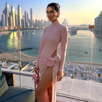 VC Gaun Panjang Pink untuk Wanita Chic dan Elegan dengan Lengan Panjang, Lubang, Bunga 3D, Lipit, Belahan Tinggi, Gaun Pesta Selebriti
