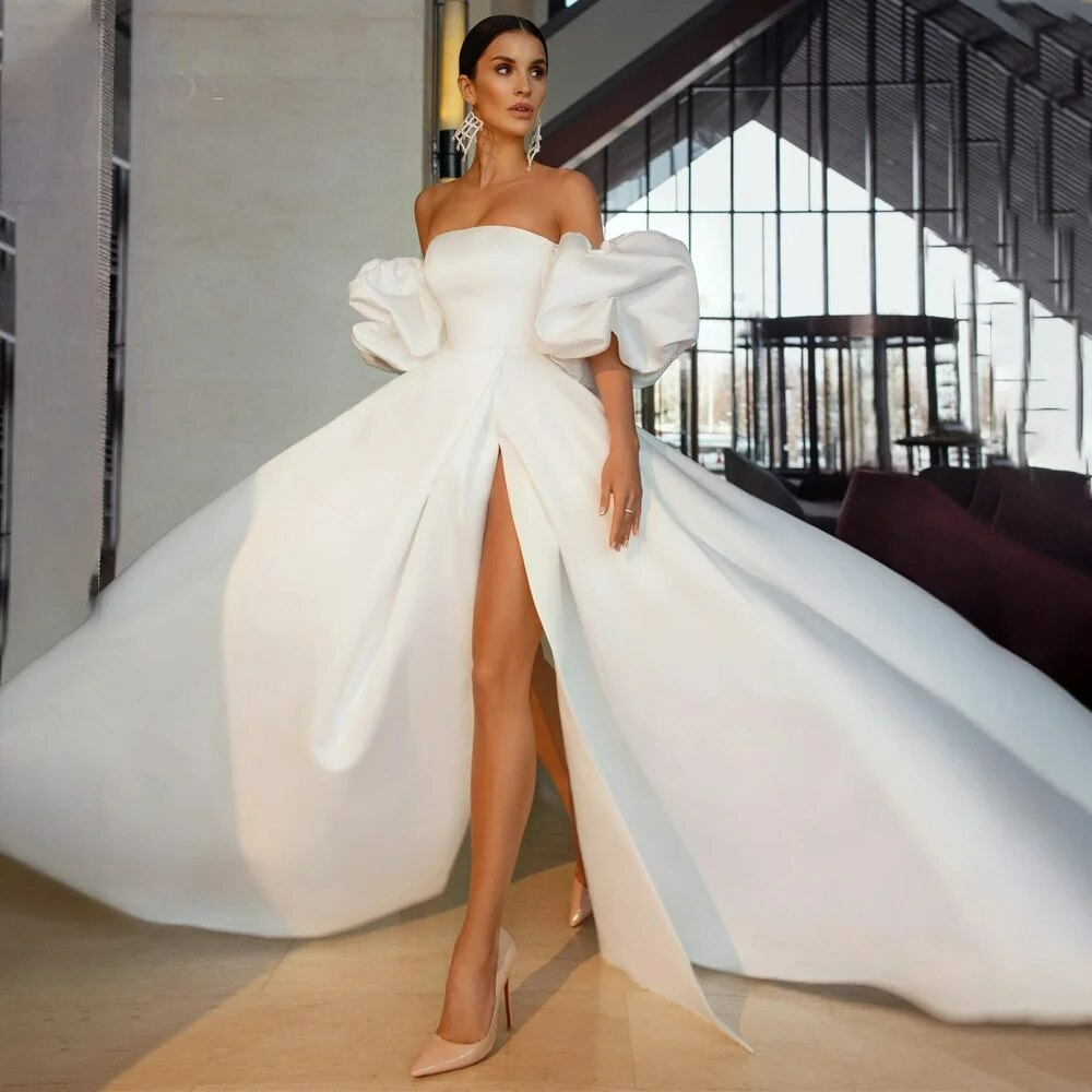 Luxury Wedding Dress White Satin Vestidos De Novia Strapless Off The Shoulder A-Line Bridal Gown Side Slit Robe De Mariée Custom