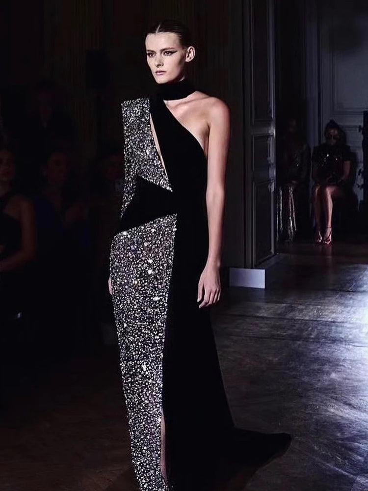 VC Sexy Sequin Patchwork Design Long Dress Halter Neck Draped One Shoulder Long Sleeve Split Maxi Evening Party Gowns