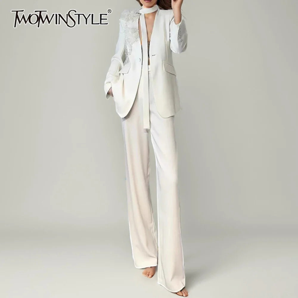 TWOTWINSTYLE Solid Elegant Two Piece Sets for Women V Neck Long Sleeves Patchwork 3D Flower Top High Waist Pant Set Female New