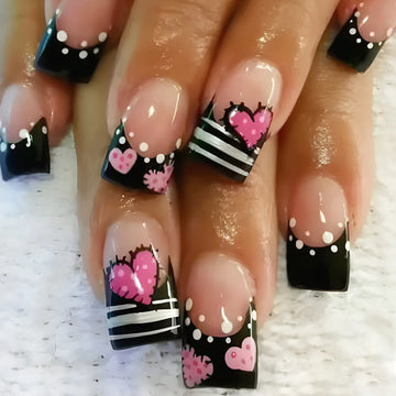 24pcs y2k Black French Press on Nails Short Square Pink Heart Fake Nails Full Cover Wearable Sweet Valentine's Day False Nails