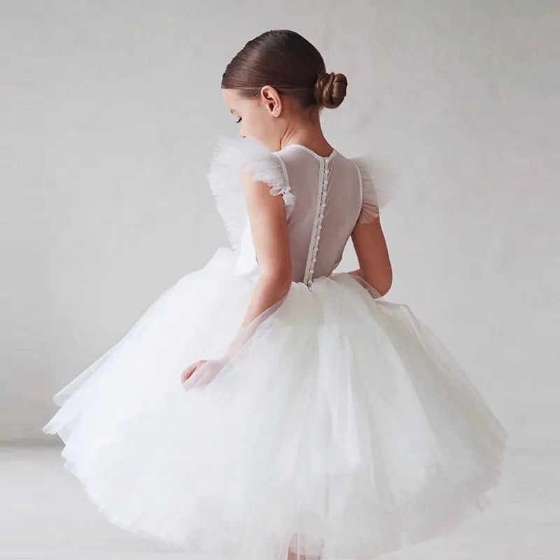 Elegantes Mädchen flauschiger Kleid Blume Baby Hochzeit Zeremonie Kostüm Geburtstag Outfits Weiß 1. Kommunion Tutu Kleid Kinder Gala Kleidung