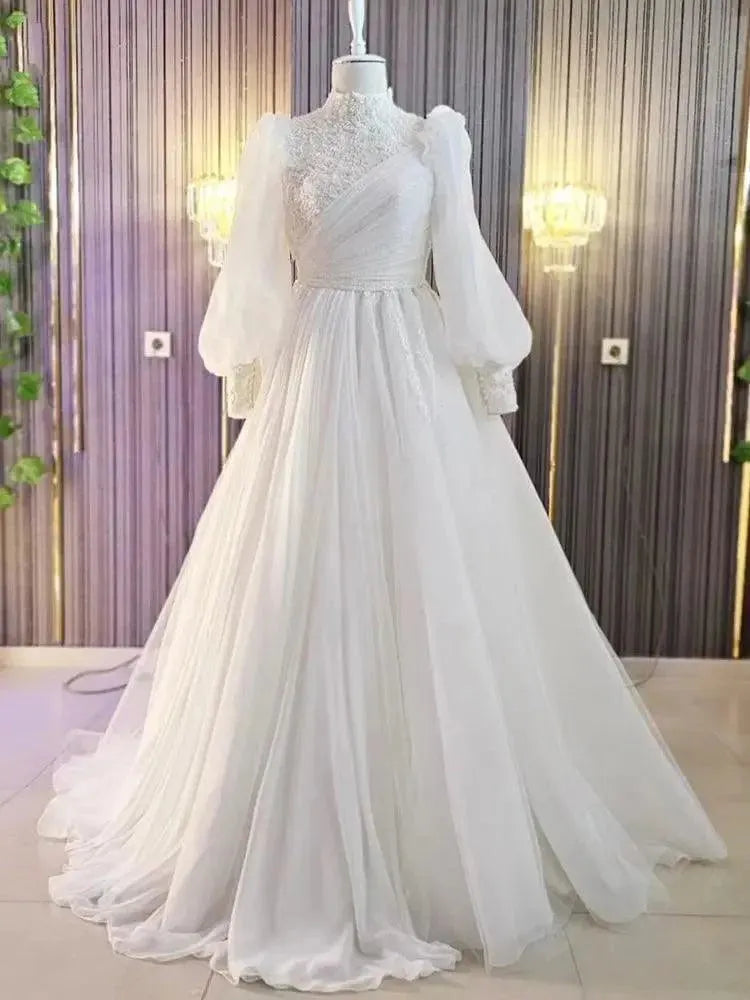 High Neck Muslim Wedding Dresses for Bride Vestidos De Novia A-Line Beaded Organza Lace Puffy Sleeves Bridal Gowns White