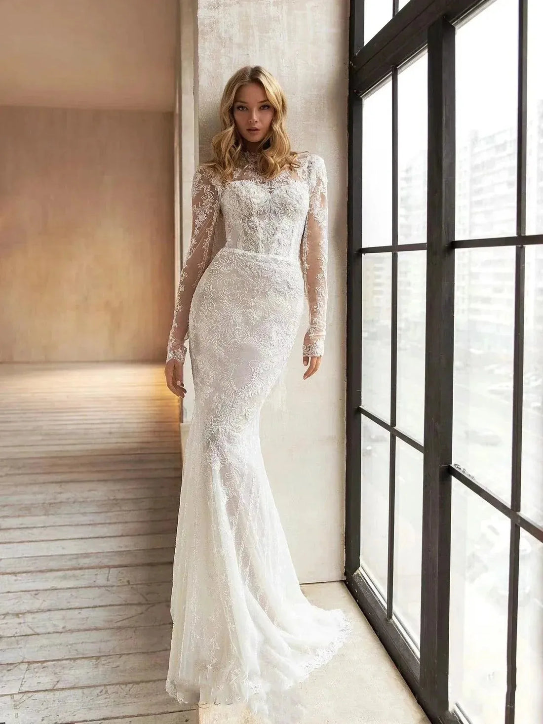 Beautiful Wedding Dresses With Detachable Train O-Neck Long Sleeves Bridal Gowns Lace Appliques Vintage Vestidos De Novia