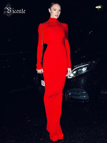 VC Red Jacquard Bandage Long Dress Turtle Neck Cross Design knitted Slim Fit Shawl Style Long Sleeves Pleated Evening Gown