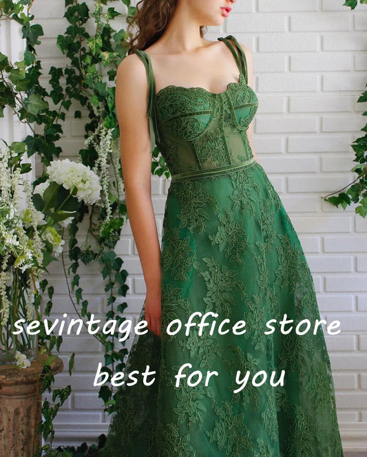 Vestidos de fiesta largos de encaje verde con escote en forma de corazón y tirantes finos, flores, vestidos de noche de corte A, vestido de fiesta formal 