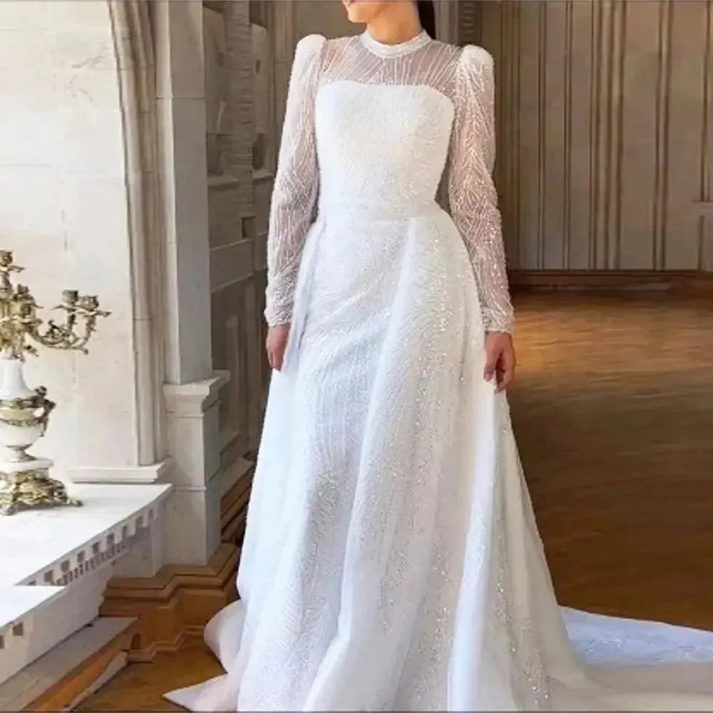 Elegant White Muslim Lace Wedding Dresses Long Sleeve HIGH Neck Shoulder Pad Evening Gowns Sheer See Through Islamic Dress Bride As Picture