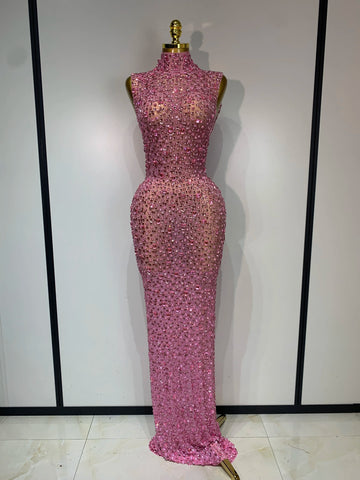 Sparkly Rhinestone Sleeveless Maxi Long Dress Sexy Mesh See Through Luxury Birthday Dress Evening Party Singer Stage Outfit