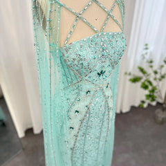 Luxury Dubai Aqua Lilac Arabic Mermaid Evening Dress with Cape Sleeves Criss Cross Women Wedding Party Gowns