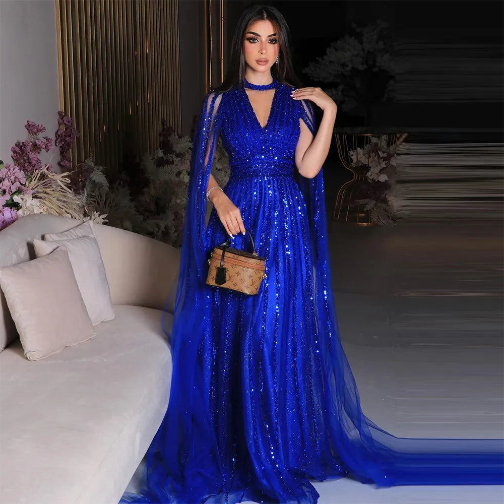 Sparkly Royal Blue Beading Sequined Prom Dresses A-Line Evening Gowns Saudi Arabic Party Dress Dubai Women Formal Gown