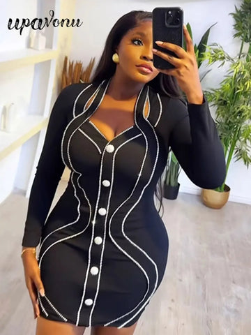 2025 Spring Elegant Women Diamond Set Bandage Dress V-neck Long Sleeve Bodycon Single breasted Mini Dress Evening Party Vestidos