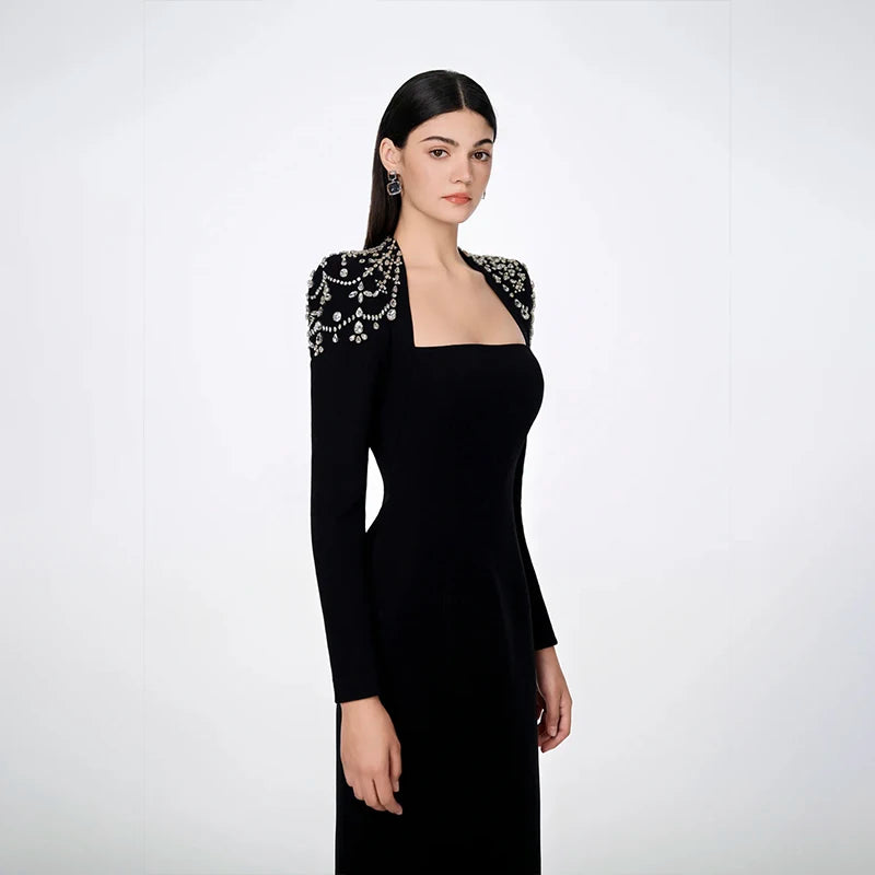 Top Quality Black Winered Women Long Sleeve Square Collar Shinning Crystal Bodycon Long Bandage Dress Elegant Evening Party Wear