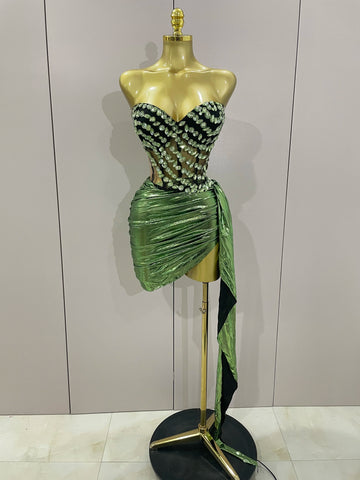 Sparkly Red Diamonds Two Piece Set Sexy Strapless Backless Women Outfit Evening Party Nightclub Stage Performance Dance Costume