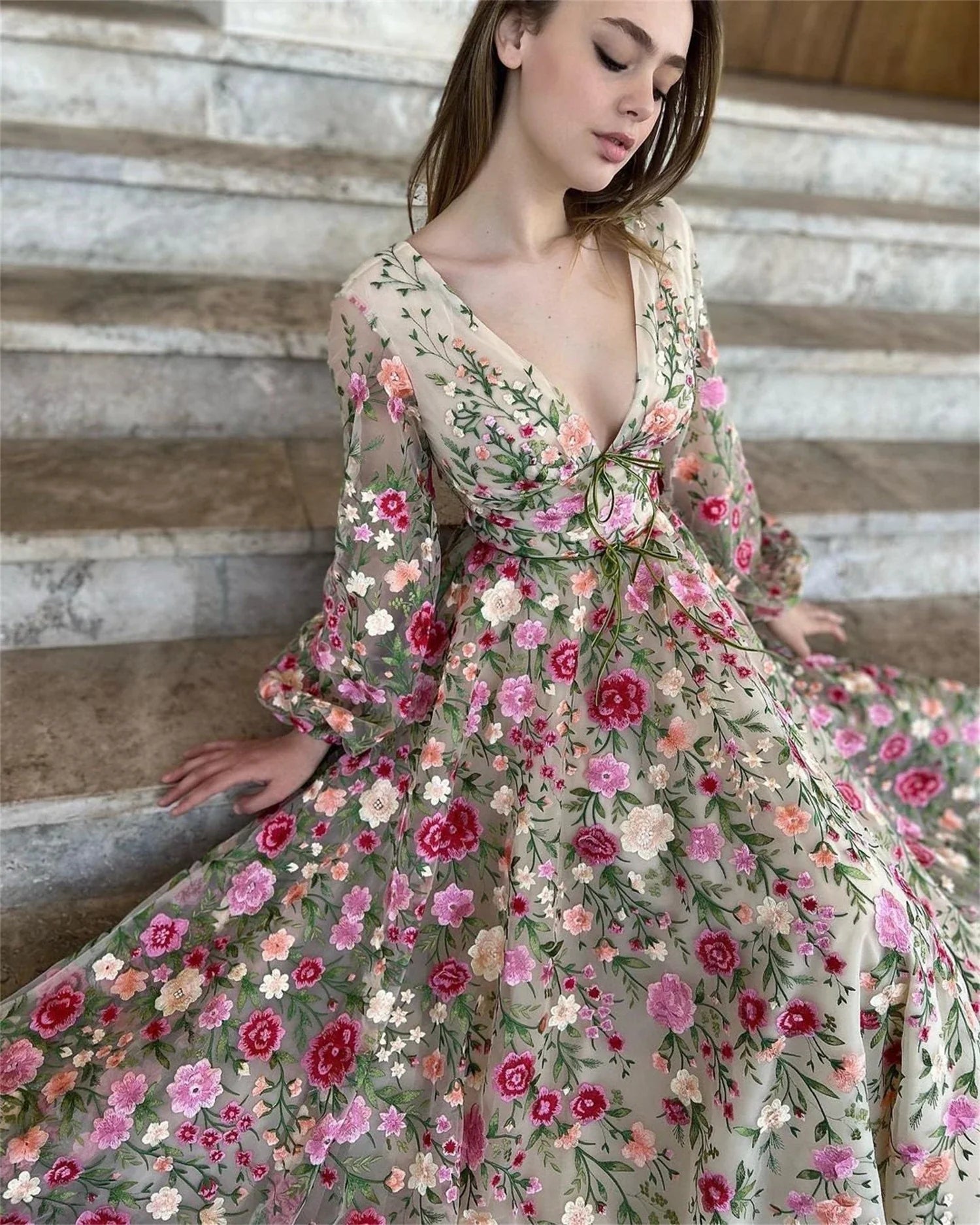 Aileen Princes Wildflower Fantasy Gown Sweet 3D Flower Ball Gown 2023 Fairy A Line Puffy Sleeve Party Dress Prom Dresses 2023