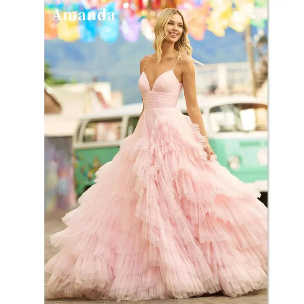 Baby Pink Multilayer Prom Dress Princess Evening Dresses Tulle Sweep ...