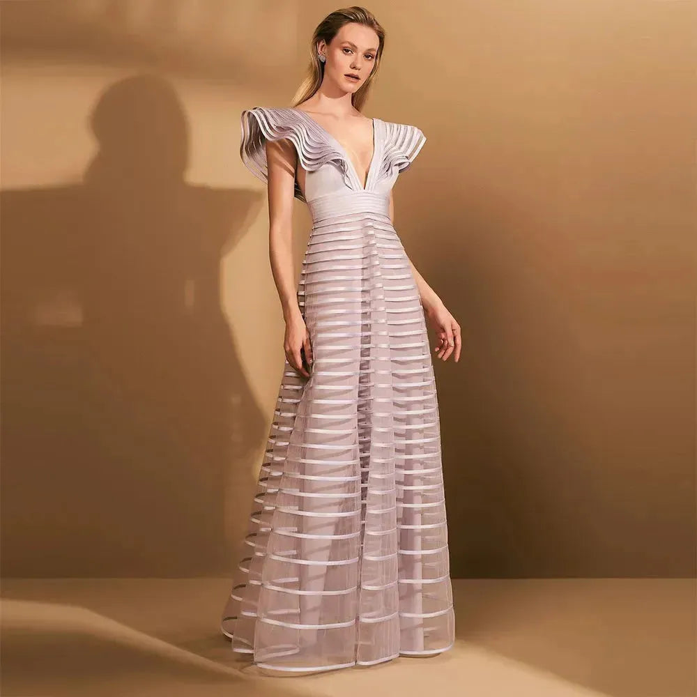 Lilac A Line Long Evening Dresses V Neck Cap Sleeves Floor Length Prom Dress Women Party Special Occasion Gowns As Picture 3