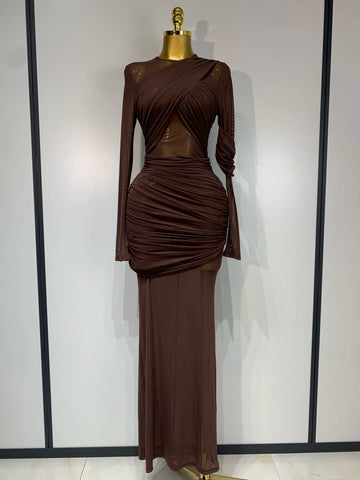 Elegant Brown Mesh Fold Long Sleeve Bodycon Dress Women 2025 Evening Party Club Sexy Perspective Fashion Luxury Birthday Dresses