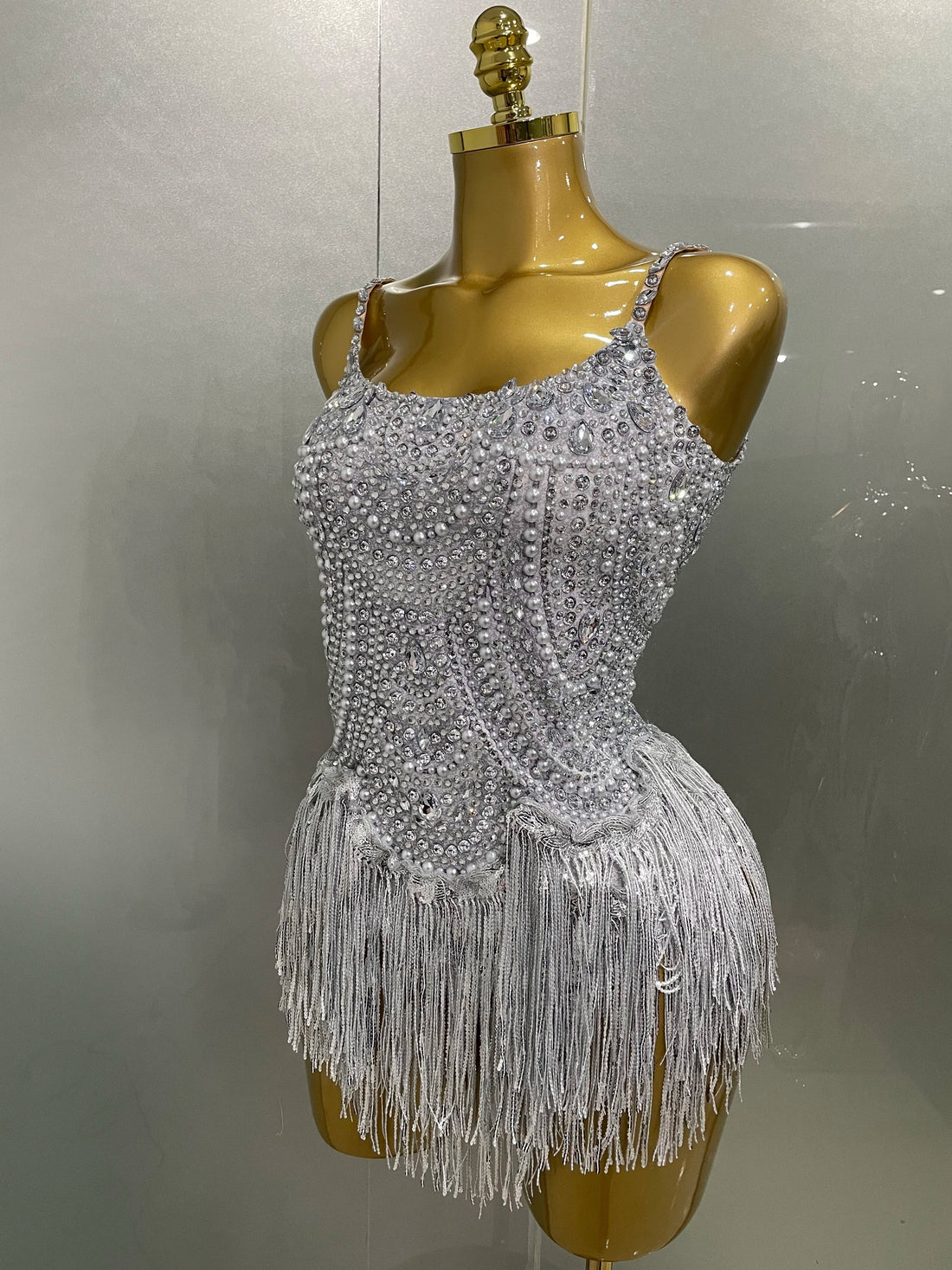 Sparkly Silver Rhinestones Pearl Tassels Bodysuit  New Women Sexy Eveing Birthday Party Nightclub Stage Performance Costume