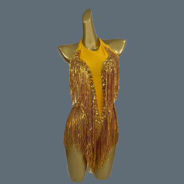 Sparkly Gold Rhinestone Tassel Tight Fit Bodysuit Women Dance Outfit Nightclub Bar Performance Costume Stage Wear Shuye