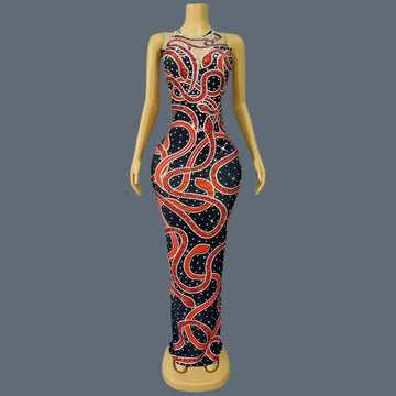 Sexy Red Snake Pattern Sparkly Rhinestone Party Maxi Dress For Women Club Show Skinny Chic Dress Event Evening Dress Hongshewu