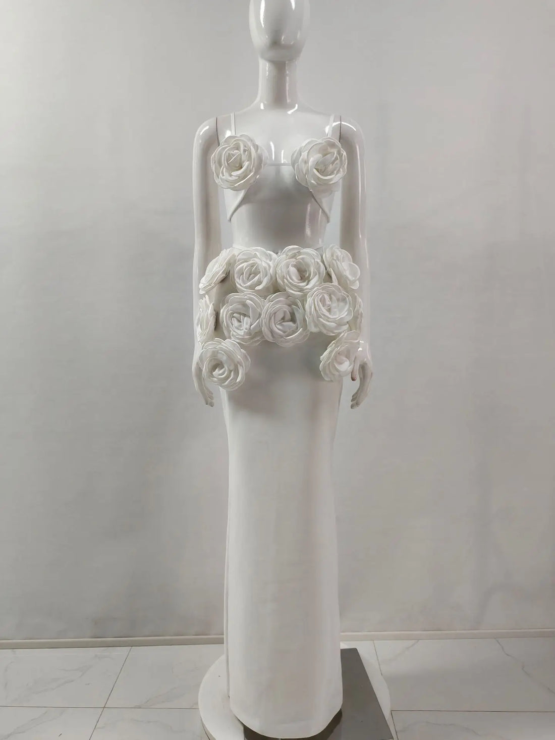 Black White Color Women Sexy Strap Florals 2 Pieces Bodycon Long Dress Celebrate Nightclub Party Bar Singer Performance Costume