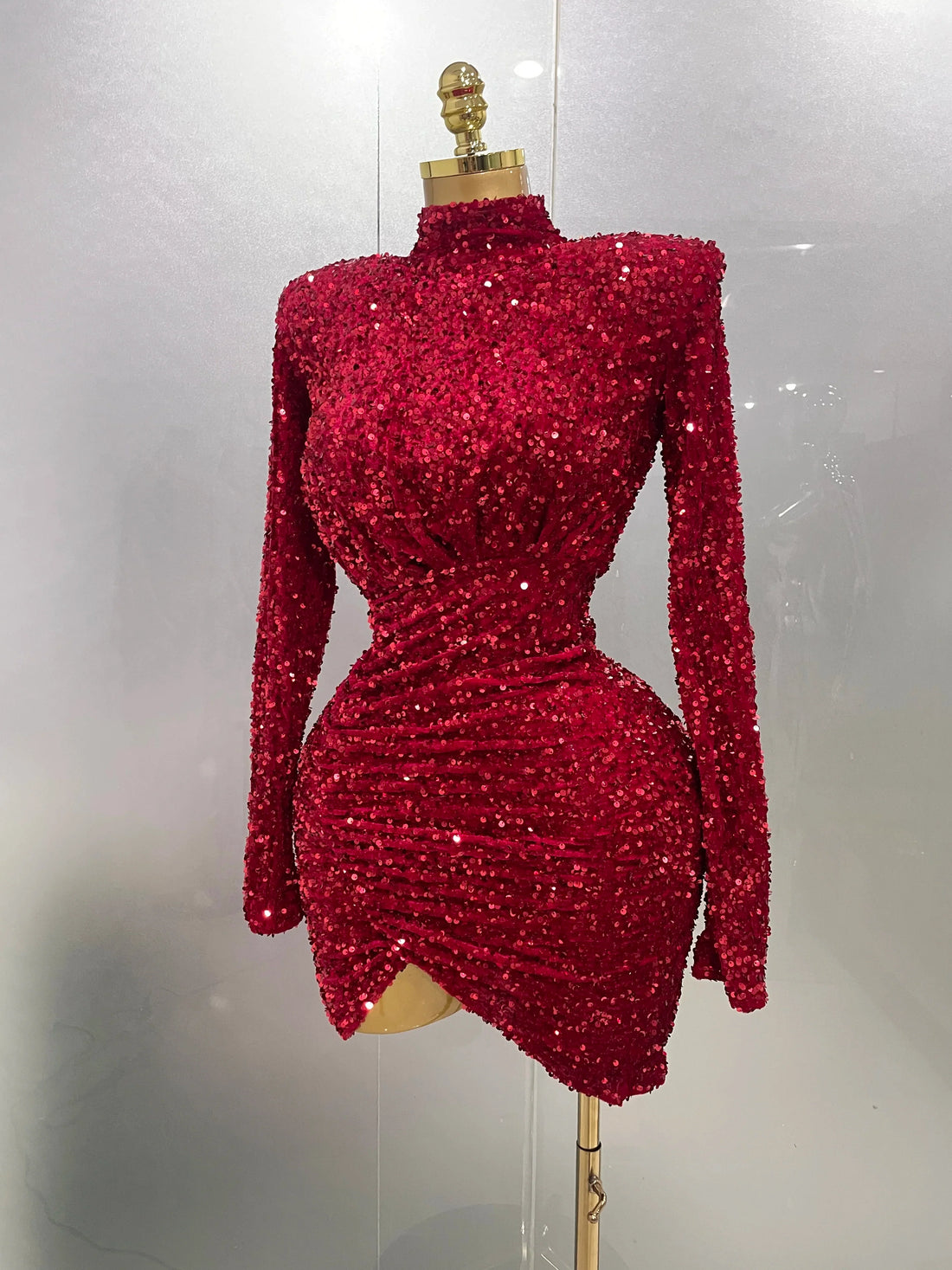 Sexy Sparkly Red Sequins Long Sleeve Short Dress  New Women Evening Celebrate Birthday Party Club Performance Stage Costume